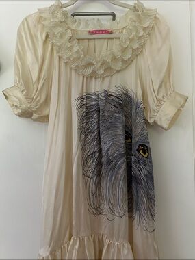 Authentic Parisian Designer Manoush Silk Cream Dress w/ Gorgeous Cat Face